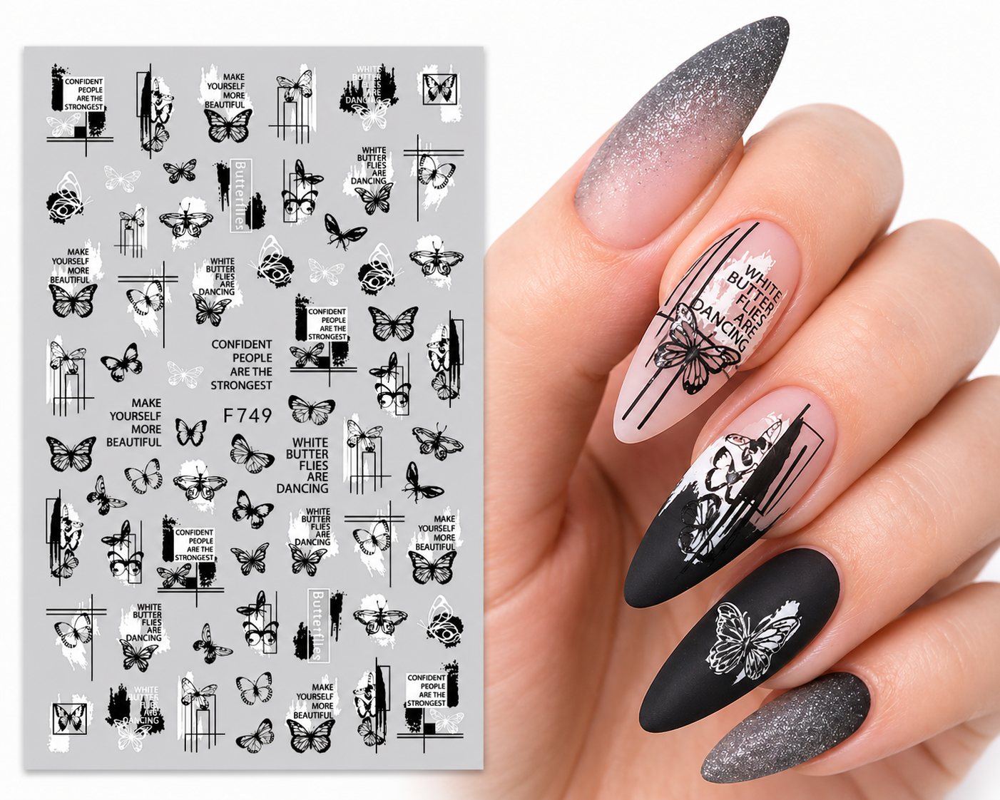 Stickers nail art 3D butterfly b/w