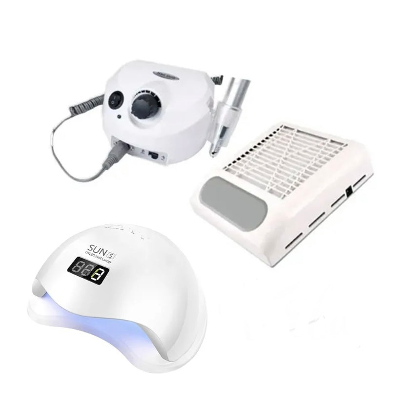 KIT DA 3 PEZZI : ASPITATORE 80W , FRESA NAIL DRILL 35.000 GIRI E LAMPADA SUN 5 4