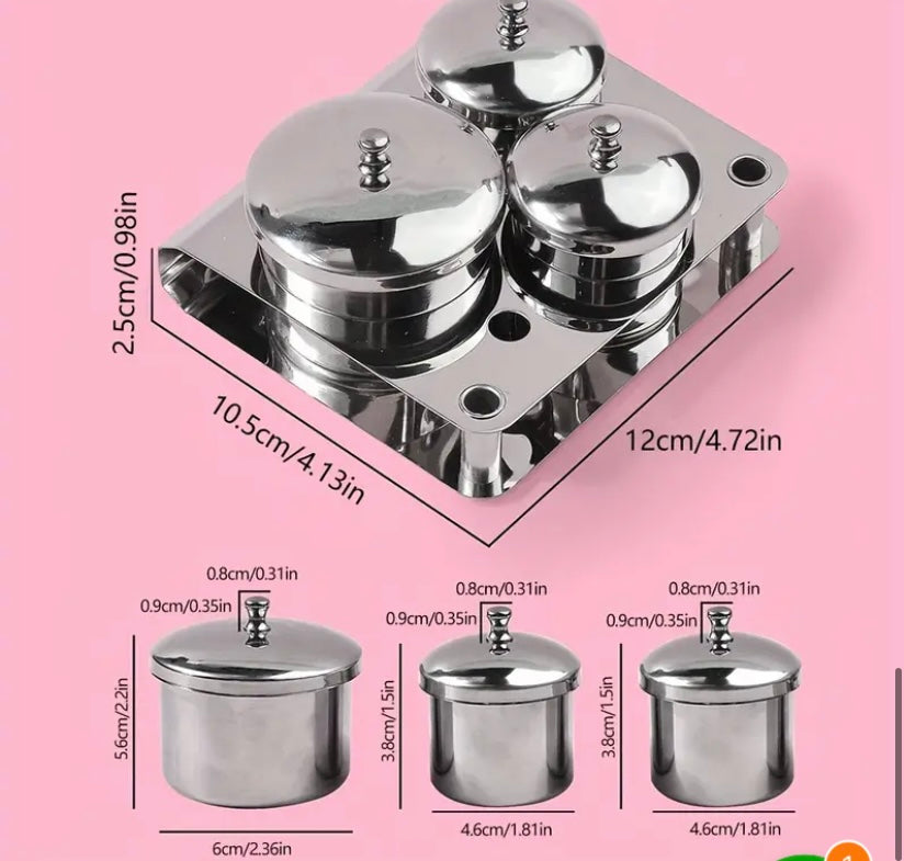 set contenitori 3 pz in acciaio inox per polvere acrilica